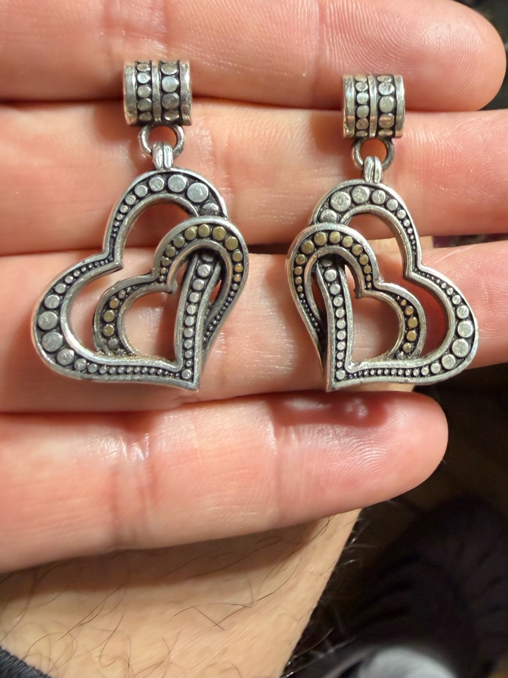 Vintage Silver Tone Double Heart Dangle Earrings